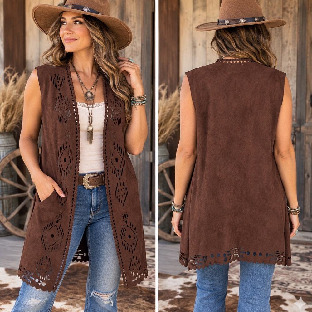 Anna & Ava Western Boho Faux Laser Cut Brown Vest Women’s L/XL NEW